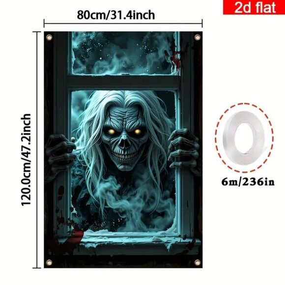 2D Flat Banner Polyester - Haunted Skeleton Window Climbing Spooky Night Scene - Picture 3 of 3